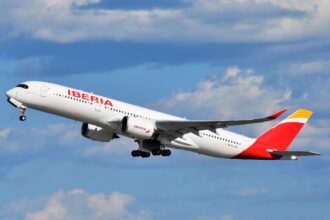 Iberia Airbus A350 departing JFK Airport on a flight to Madrid Barajas Airport