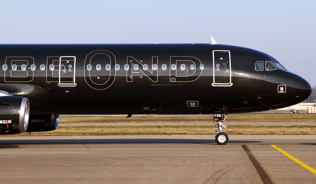 Beond A321 aircraft featuring the main fuselage area in black livery captured at a taxiway