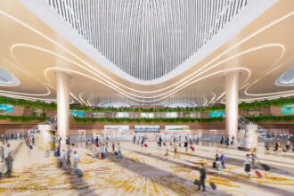 A futuristic rendering of Phu Quoc International Airport, with its modern self-check-in area