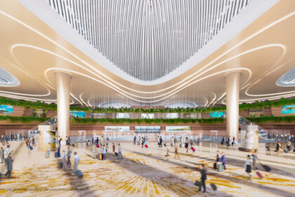 A futuristic rendering of Phu Quoc International Airport, with its modern self-check-in area