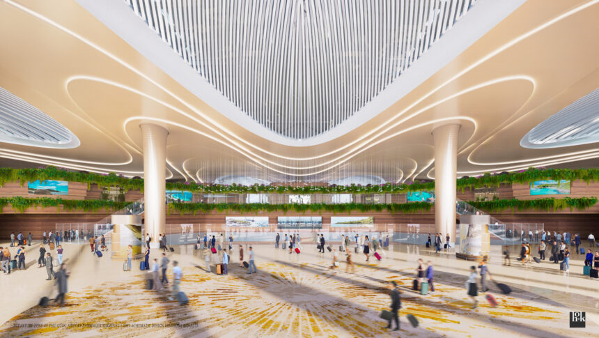 A futuristic rendering of Phu Quoc International Airport, with its modern self-check-in area