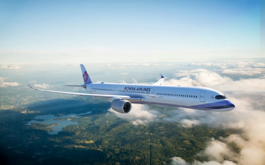 A China Airlines plane flying amid clouds and blue skies with a landscape of greenery underneath.