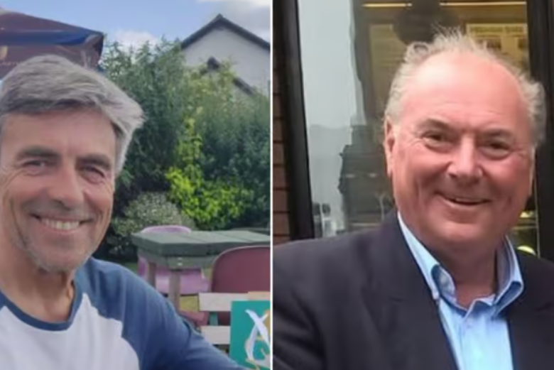 Two photos side by side, the left side showing a smiling man with grey hair and the right showing a grey haired man wearing a suit