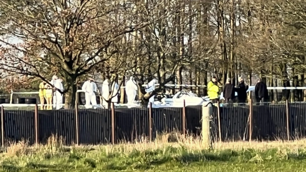 A team of forensic investigators wearig white suits examining a wooded area