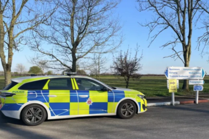 A police car sitting beside a stretch of grass with trees in the background