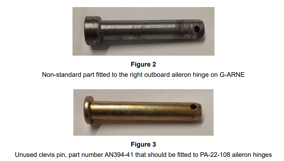 Image from AAIB report, showing the non-standard aileron hinge that was fitted and then the unused clevis pin that should have been fitted.