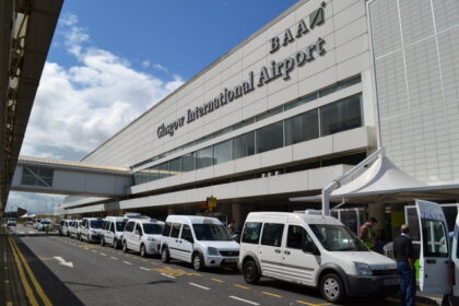 The outside of the terminal building of Glasgow International Airport.