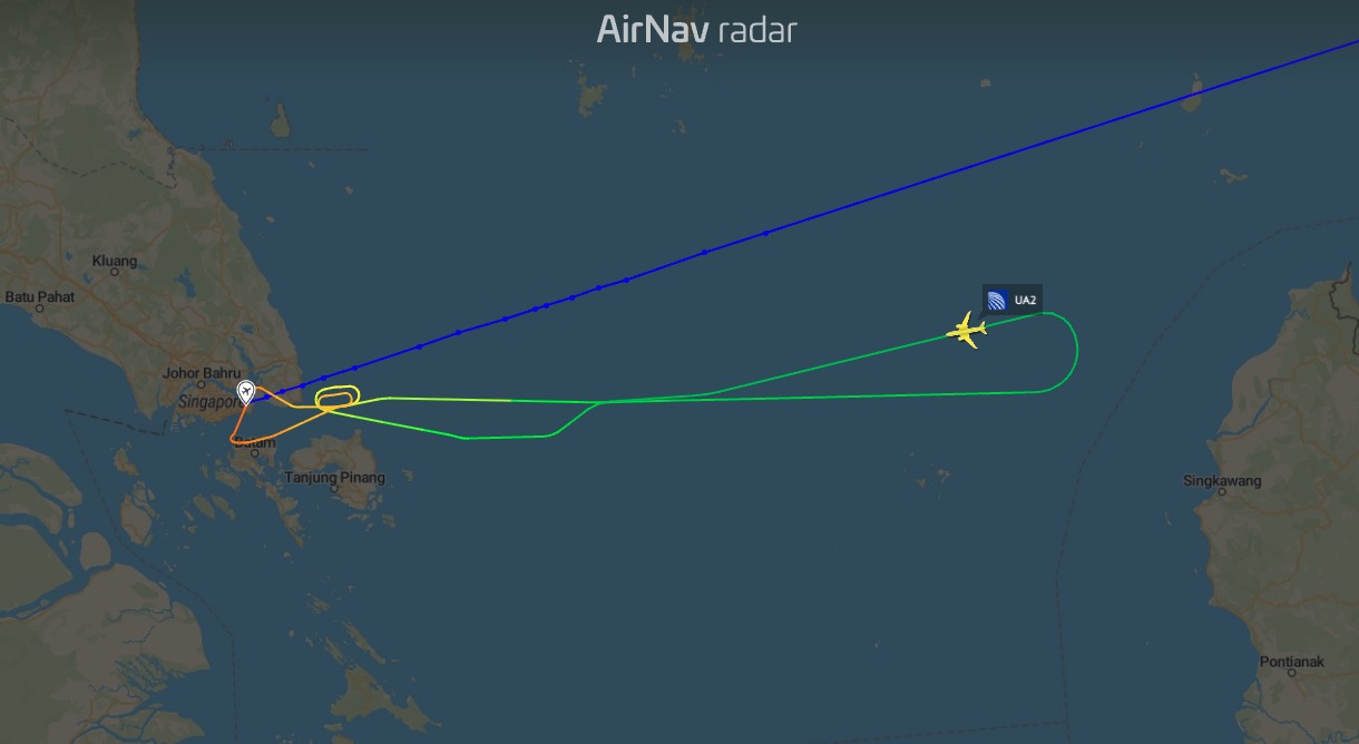 AirNav Radar image of the B787-9s flight path. Showing the aircraft taking a U-turn over the sea.