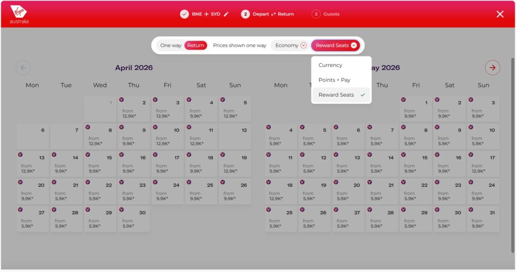 Virgin Australia's new all-in-one search tool. Calendar view of new search tool