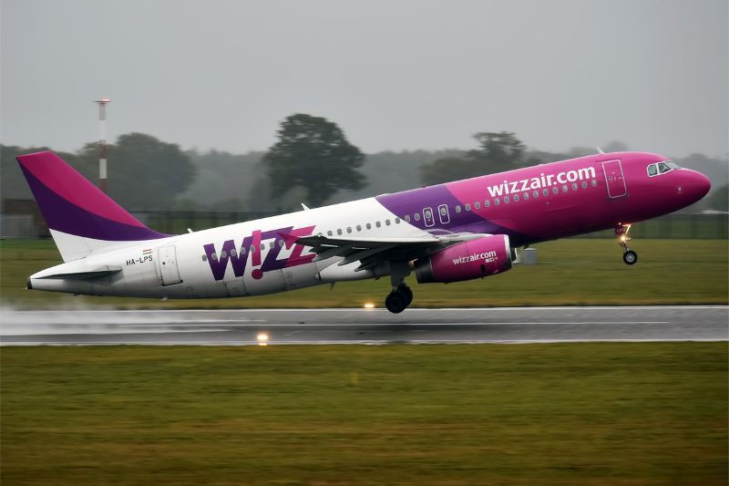 The image depicts a Wizz Air Airbus A320 taking off into flight. The nose, which has the pink and purple branding of Wizz Air, faces upwards in the upper right centre of the image. Meanwhile, the back end of the plane - which is mostly white except for the tail which is pink and purple as well - is in the lower left centre facing downwards. Along the centre is the tarmac strip of the runway. In the foreground and some of the background is murky green grass. There is a strip of trees along a fence-line just visible behind the aircraft. The background is mostly an overcast sky, and is slightly blurred, with the aircraft as the main focus of the image. 