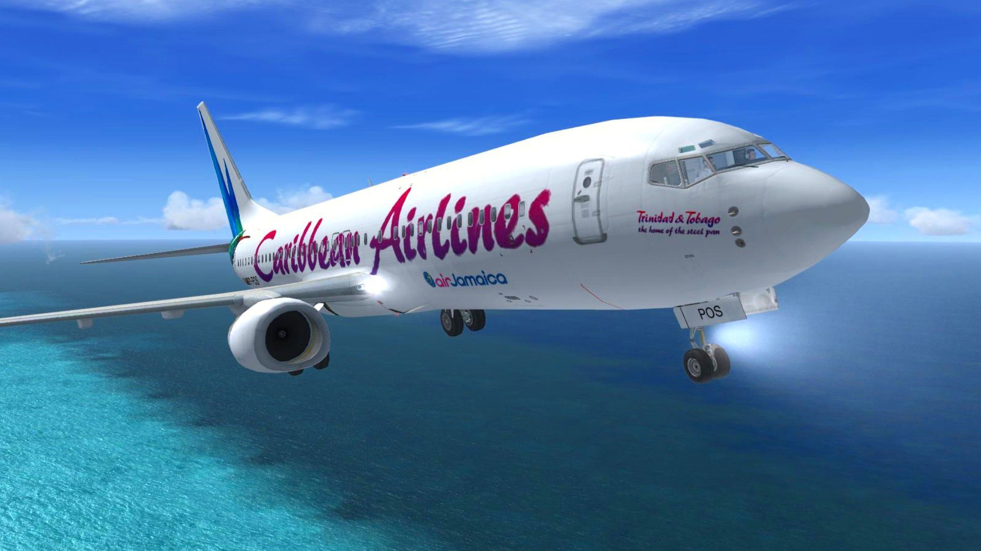 Caribbean Airlines aircraft flying over blue seas with deep blue skies surrounding the exterior of the plane.