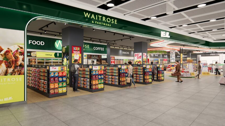 The image shows a dual branded Waitrose-Relay shop inside London Heathrow Airport Terminal 2. Along the top of the image is the dual branded logo in forest green and white. A range of colourful displays can be seen on stalls and shelves in the shop.