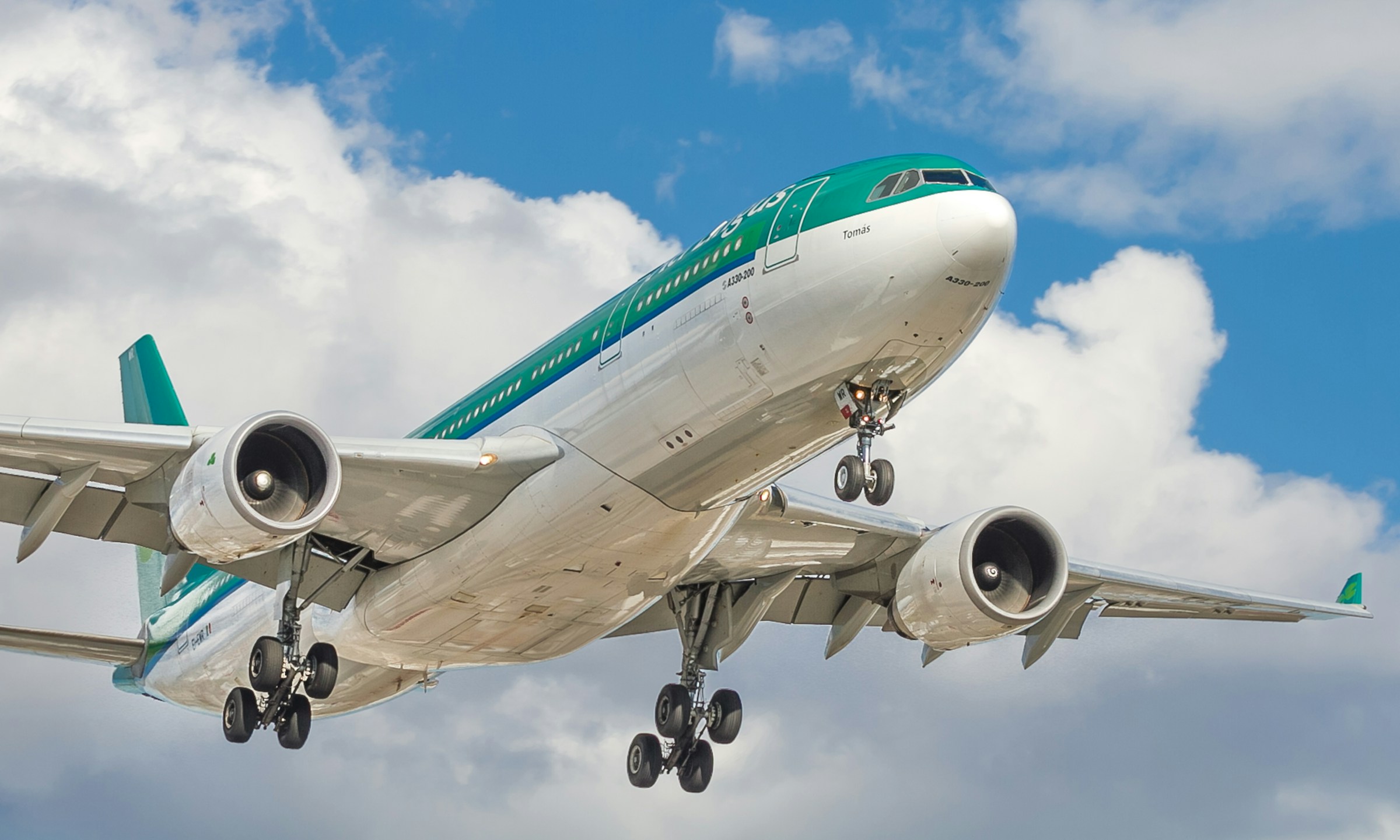 Aer Lingus aircraft flying over a blue sky, vivid colours. 