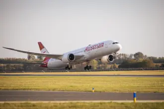 Austrian Airlines Boeing 787 aircraft during takeoff