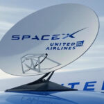 United Airlines aircraft, with a satellite on the side which says "SpaceX United Airlines", blue sky in the background.