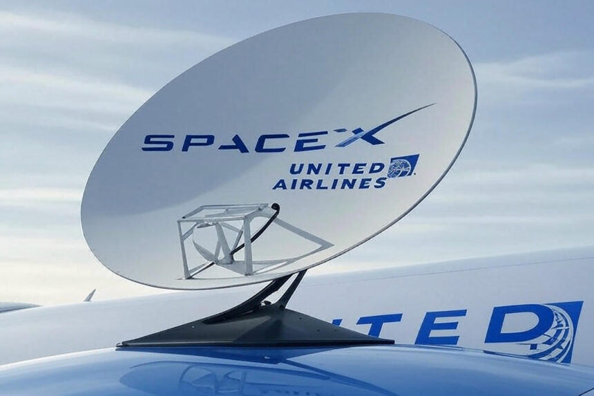 United Airlines aircraft, with a satellite on the side which says "SpaceX United Airlines", blue sky in the background.