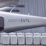 Vertical Aerospace's prototype of Valo the air taxi, the tail is showing and reads "EVTL" on the side in black.
