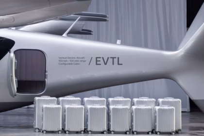 Vertical Aerospace's prototype of Valo the air taxi, the tail is showing and reads "EVTL" on the side in black.