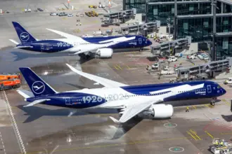 100 years of Lufthansa as a Boeing 787 and Airbus A350 sit side by side