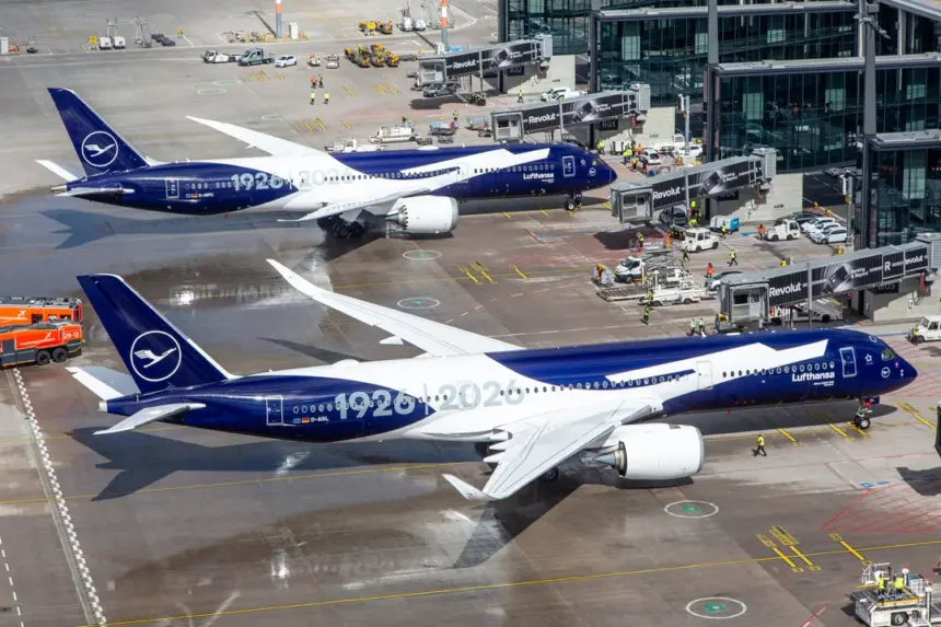 100 years of Lufthansa as a Boeing 787 and Airbus A350 sit side by side