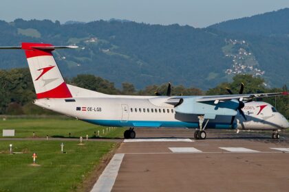 An Austrian Arrows Bombardier Dash 8 Q400 aircraft taxiing on a runway with mountains in the background.