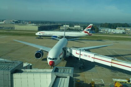 Image shows British Airways plane boarding at London Gatwick airport in 2012