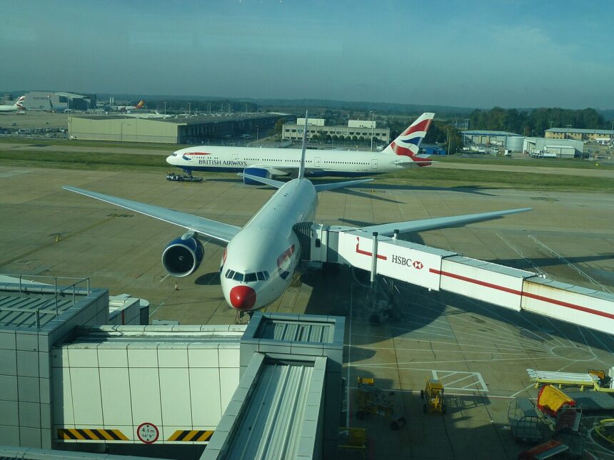 Image shows British Airways plane boarding at London Gatwick airport in 2012