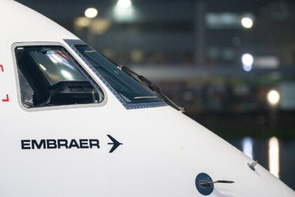 Head-on view of an Embraer E195-E2 aircraft parked on an airport apron, showing the cockpit, nose section, and twin engines under the wings.