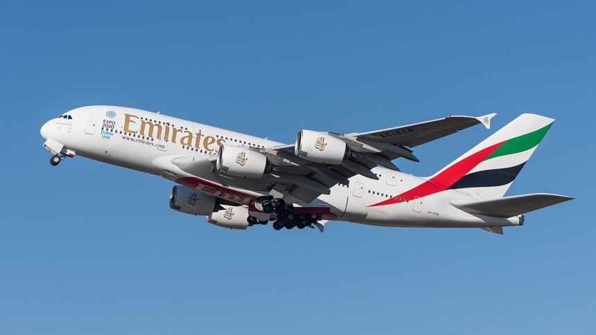 Emirates Airbus in flight, blue sky in the background. Gold lettering with white, green and black stripes on the tail.