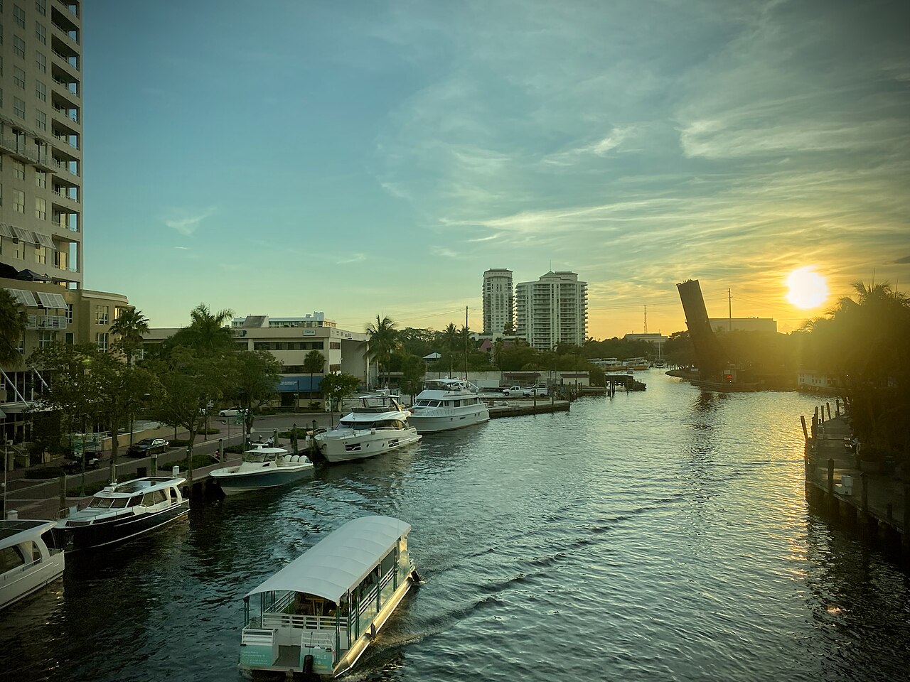 A picture of boats moored at Fort Lauderdale at sunset.
