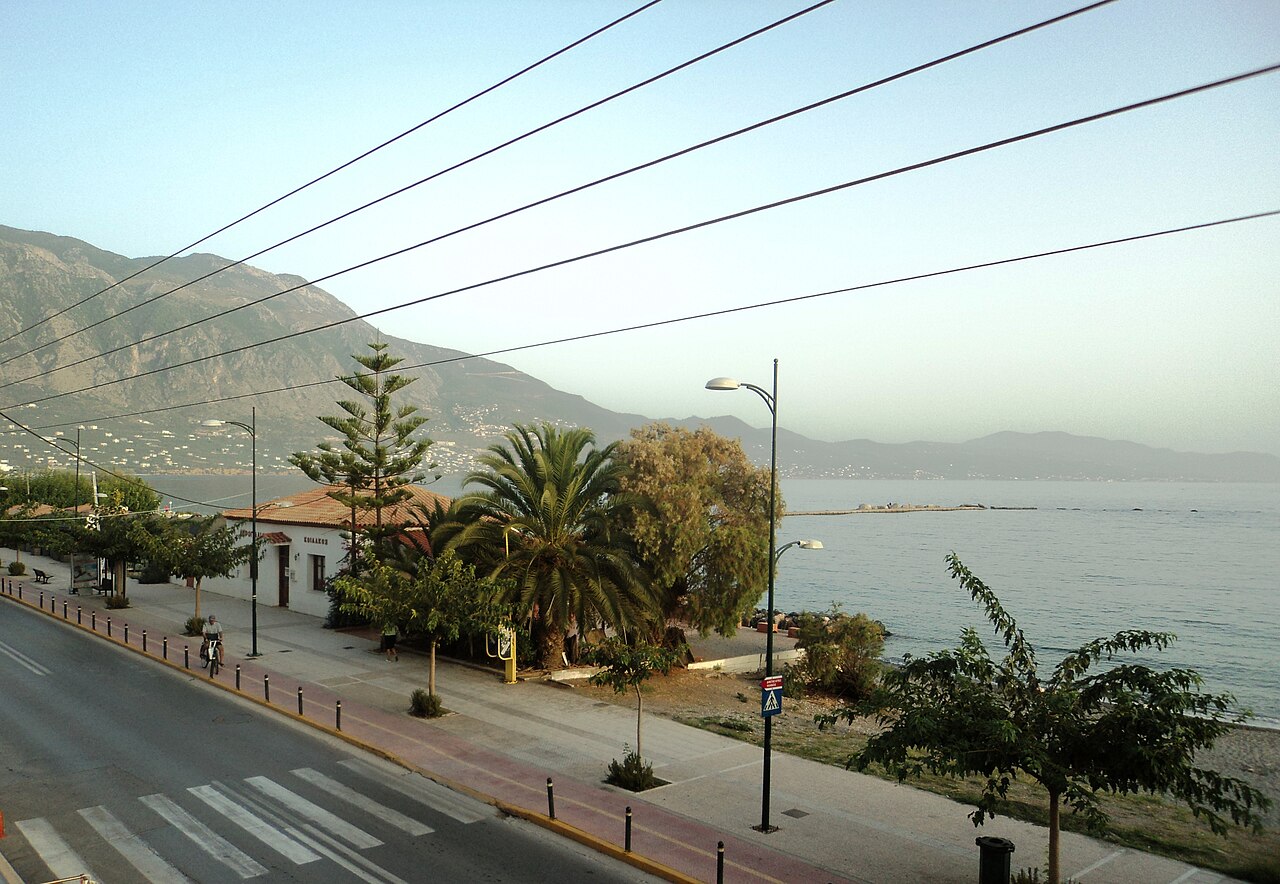 Coastal road beside the sea with palm trees, mountains in the background, and a quiet waterfront town under a clear sky.