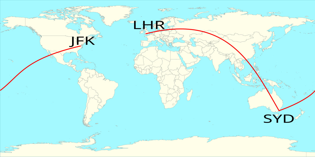 Image shows a world flight map with Qantas airport hubs located in London Heathrow (LHR), New York (JFK) and Sydney (SYD)