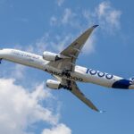 Image shows Airbus 350-1000 aircraft in flight at the Paris Airshow 2019