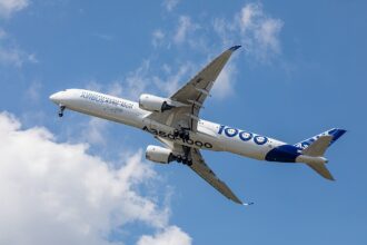 Image shows Airbus 350-1000 aircraft in flight at the Paris Airshow 2019