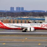 Image shows a Quantas Boeing 787-9 Dreamliner with 100th Anniversary livery landing at New York (JFK) airport in 2020
