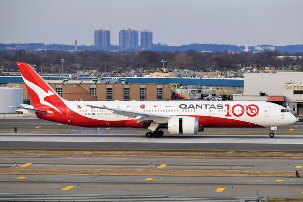 Image shows a Quantas Boeing 787-9 Dreamliner with 100th Anniversary livery landing at New York (JFK) airport in 2020