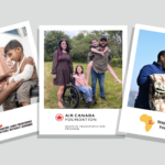 Placards with images of charities and people supported by the plan.
