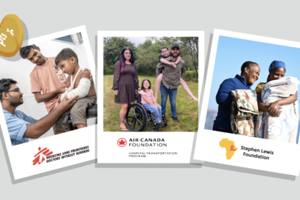 Placards with images of charities and people supported by the plan.