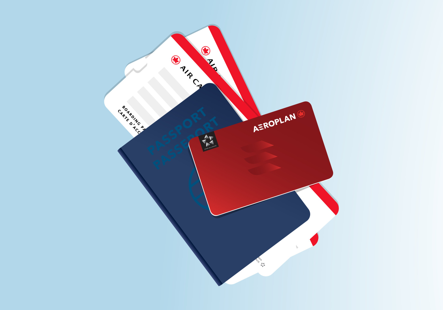 A red Aeroplan card with a blue passport and two Air Canada boarding passes displayed against a light blue background.