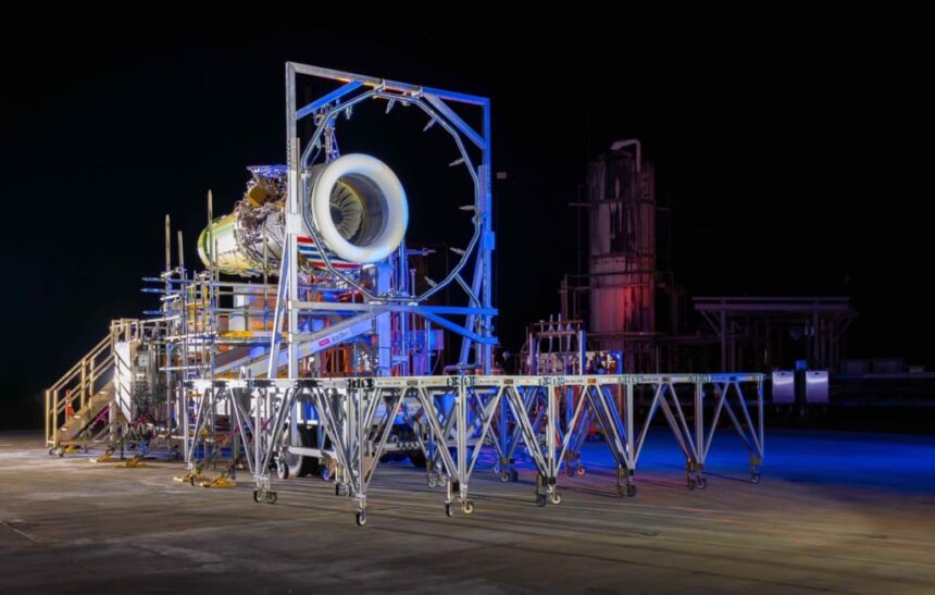 Rolls-Royce and easyJet's Pearl 15 engine. The picture is taken at night.