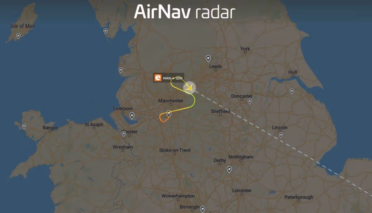 AirNav Radar image tracking the Airbus flight. A yellow line shows where it came from and the dashed line where it was headed.