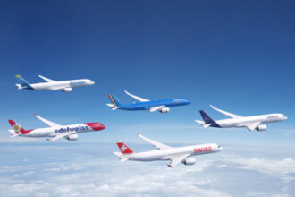 A picture of Lufthansa Group aircraft flying through the air