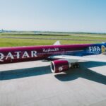 Qatar Airways FIFA branded Boeing 777 on the runway