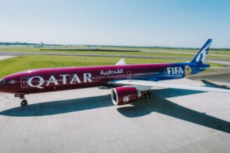 Qatar Airways FIFA branded Boeing 777 on the runway