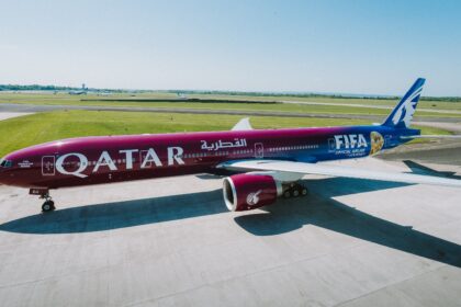 Qatar Airways FIFA branded Boeing 777 on the runway