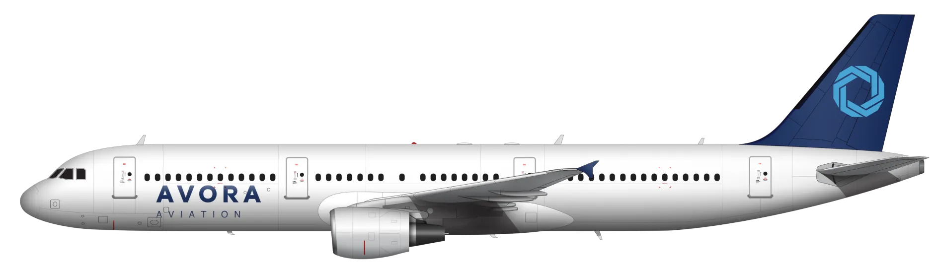Avora Aviation Airbus A321 aircraft model. White and blue livery. Dark blue tail with circular symbol.