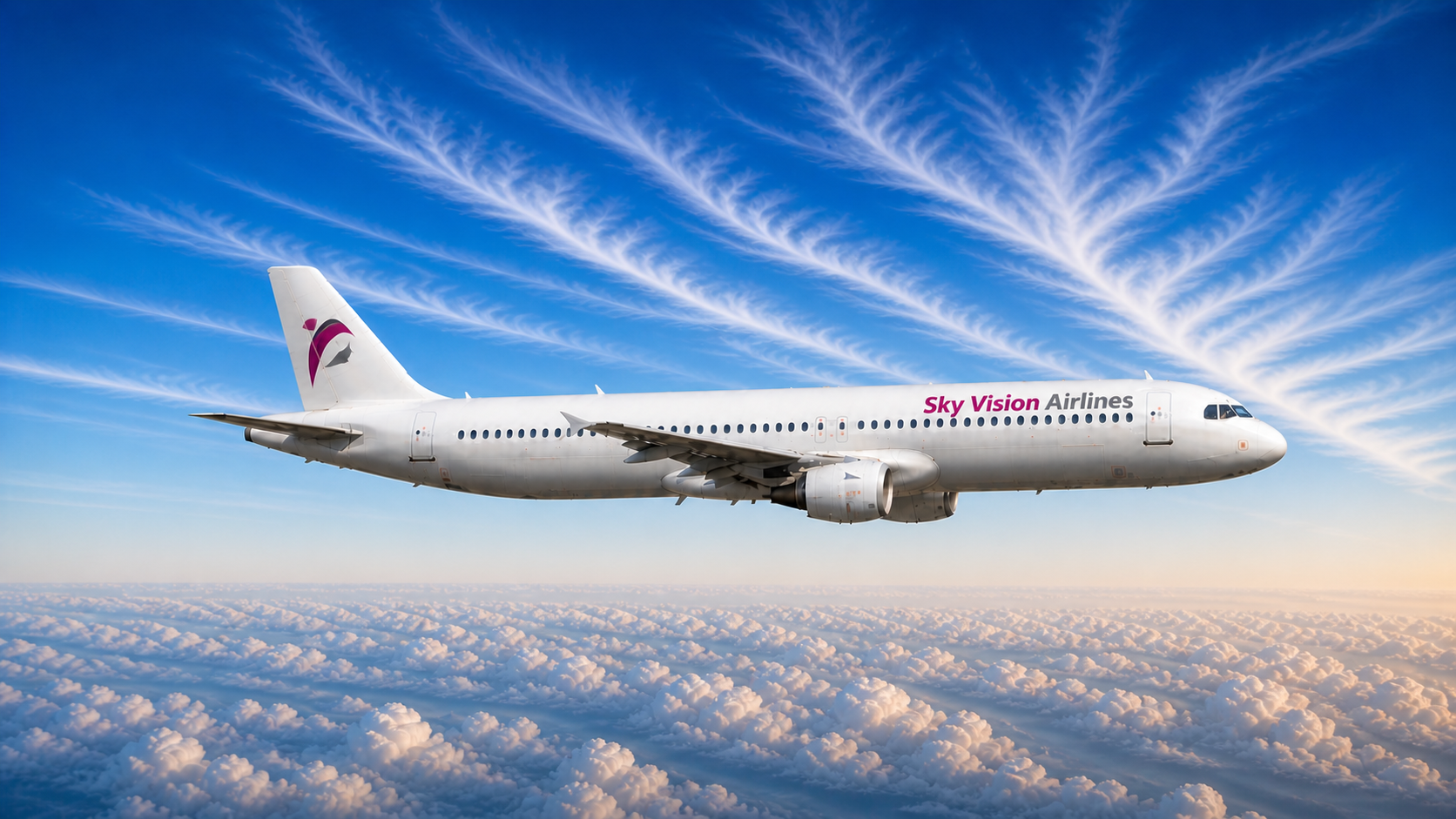 Sky Vision Airlines Airbus A321-211 aircraft. Blue sky in the background with clouds above and below the aircraft. White livery with "Sky Vision" in purple and "Airlines" in grey.