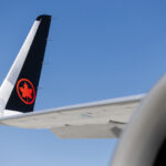 Wing of Air Canada's first Airbus A321XLR on blue sky