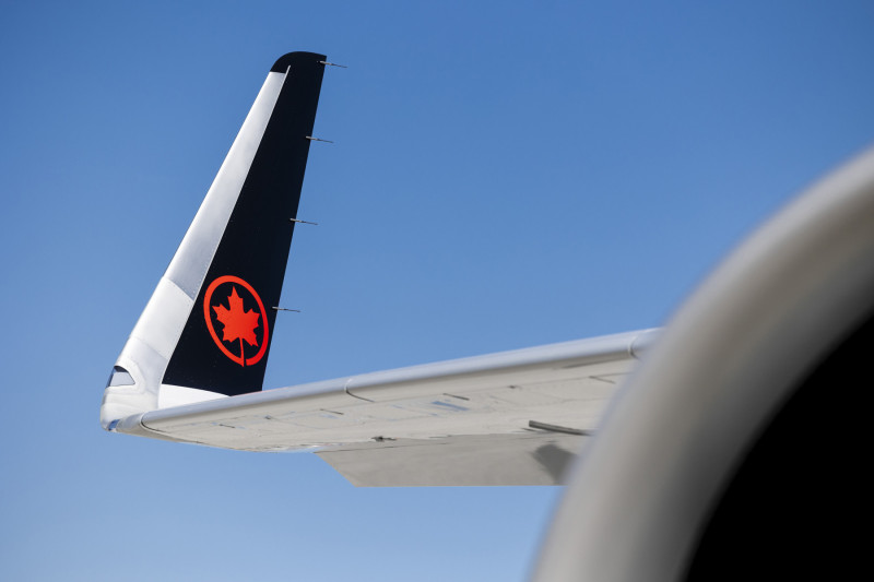 Wing of Air Canada's first Airbus A321XLR on blue sky
