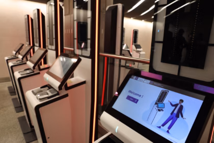 EES kiosks at St Pancras International station in London.